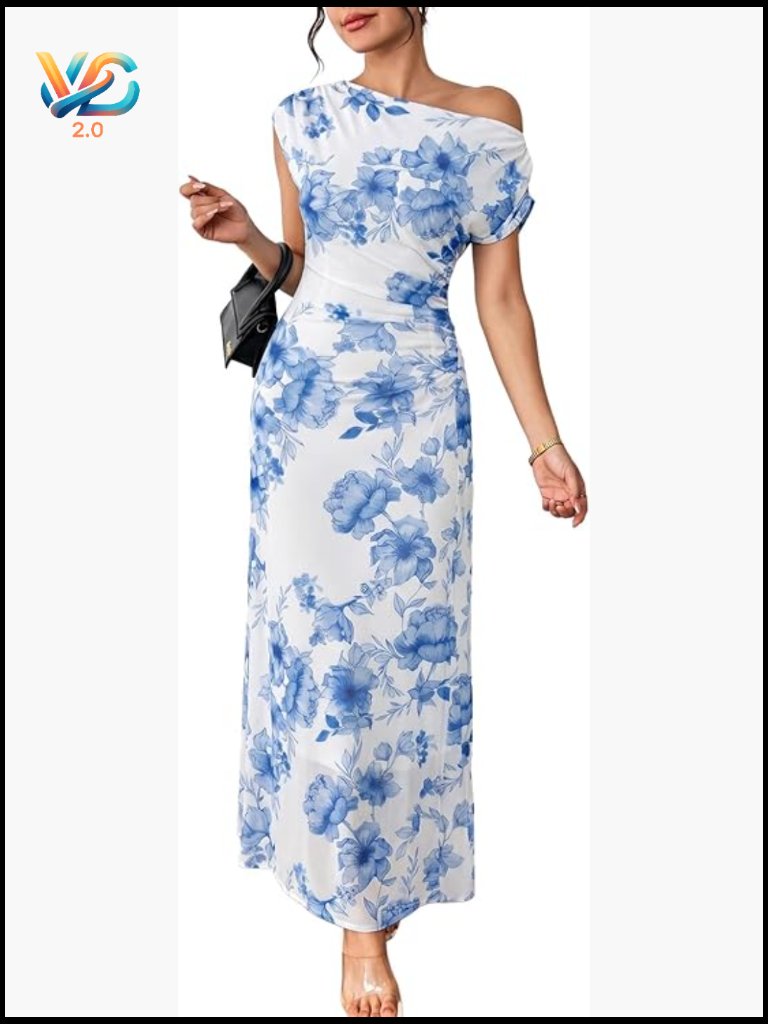 Off Shoulder Floral Maxi Dress Ruched Bodycon Wedding Guest Party Gown